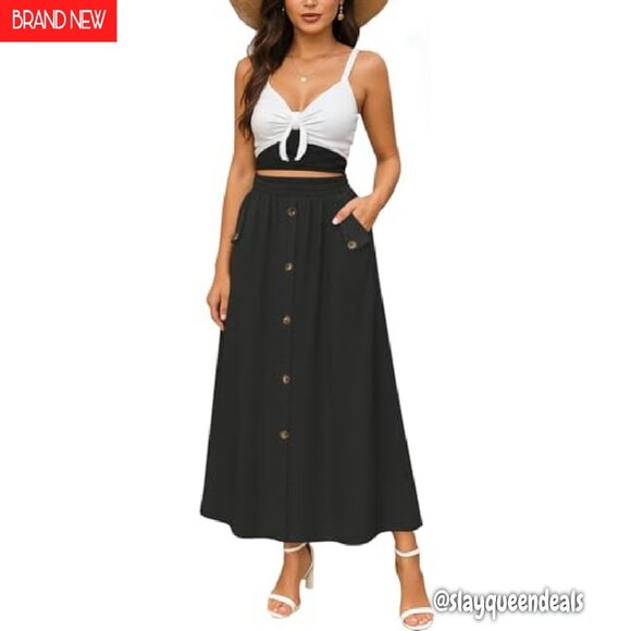 High Waisted A-Line Midi Skirt with Pockets, Stretch Fabric, Button Front - Picture 2 of 7